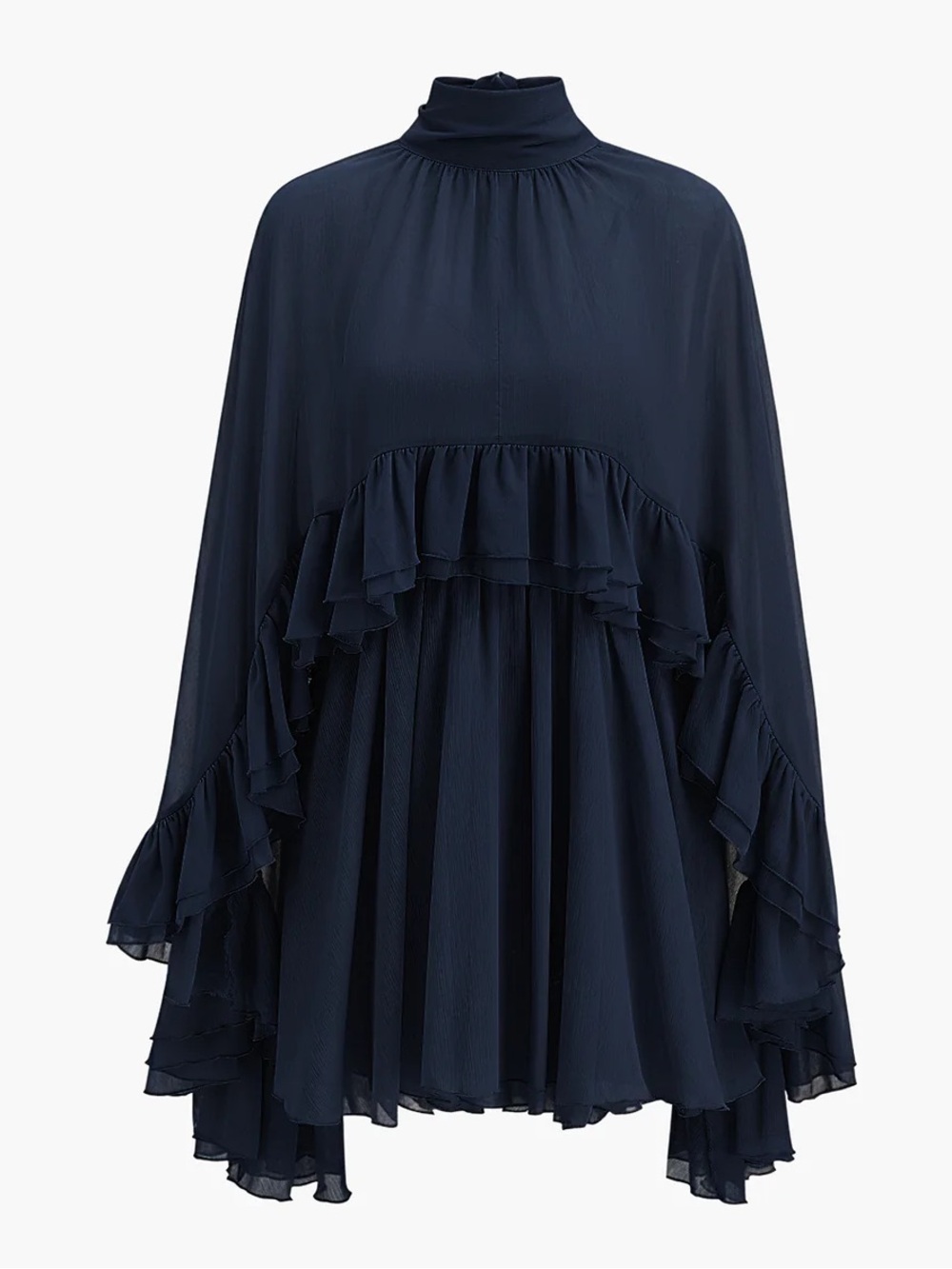 CoMMENSE Semi-Sheer Chiffon Ruffle Dress With Outer Cape Size Medium NWT